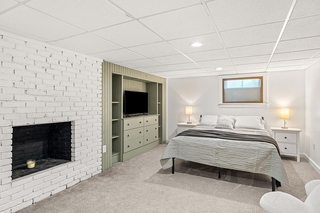 Bedroom, Fireplace, Interior, Recessed Lighting, Stone Walls