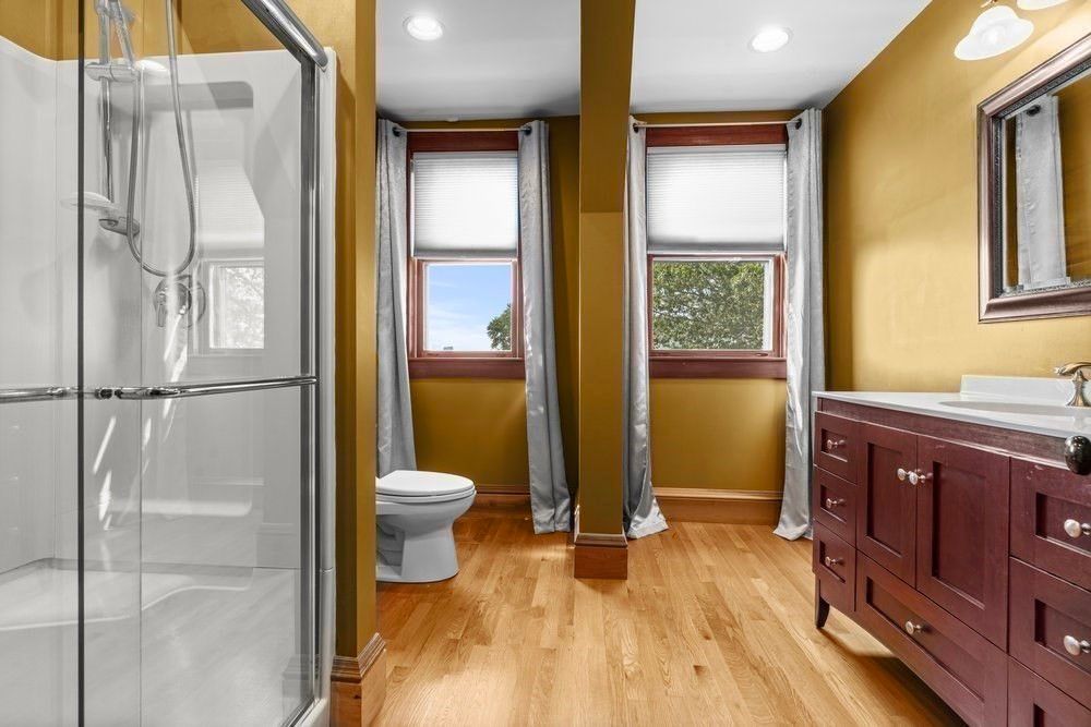 Bathroom, Glass Shower, Interior, Recessed Lighting, Wood Texture Flooring