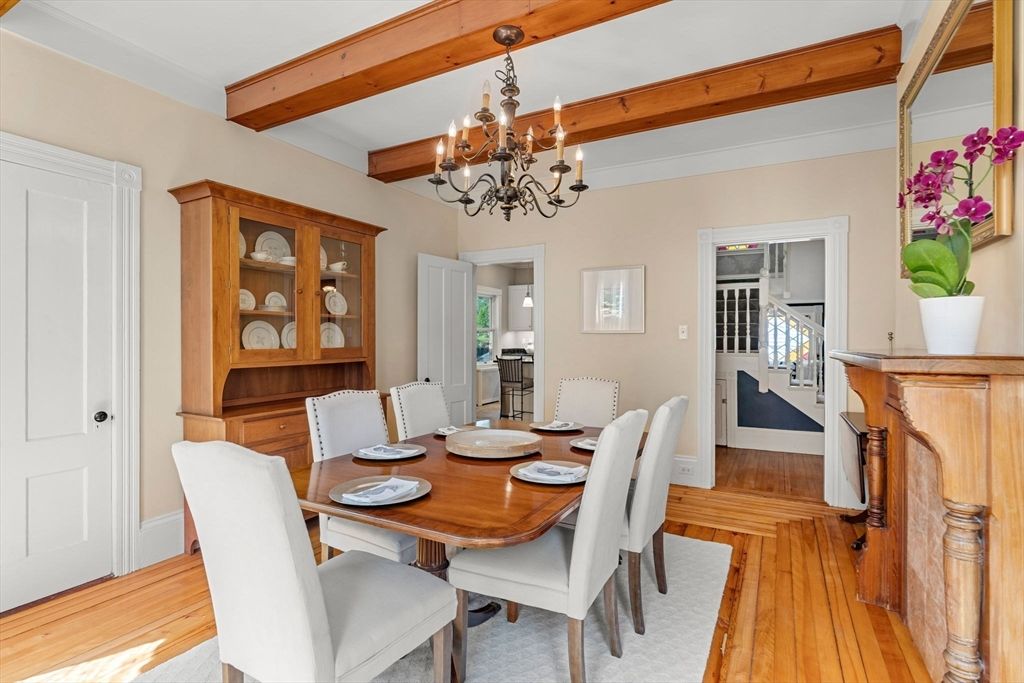 Chandelier, Dining room, Interior, Wooden Beams, Wood Texture Flooring