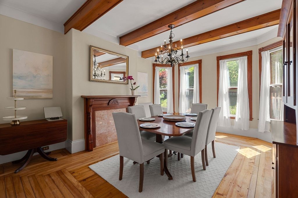 Chandelier, Dining room, Interior, Wooden Beams, Wood Texture Flooring