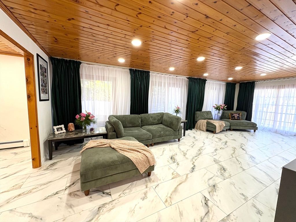 Interior, Living room, Marble, Recessed Lighting, Wooden Ceilings