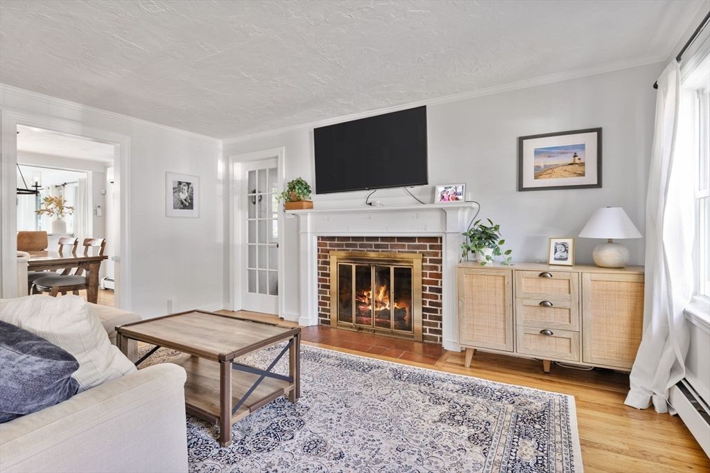 Dining room, Fireplace, Interior, Living room, Wood Texture Flooring