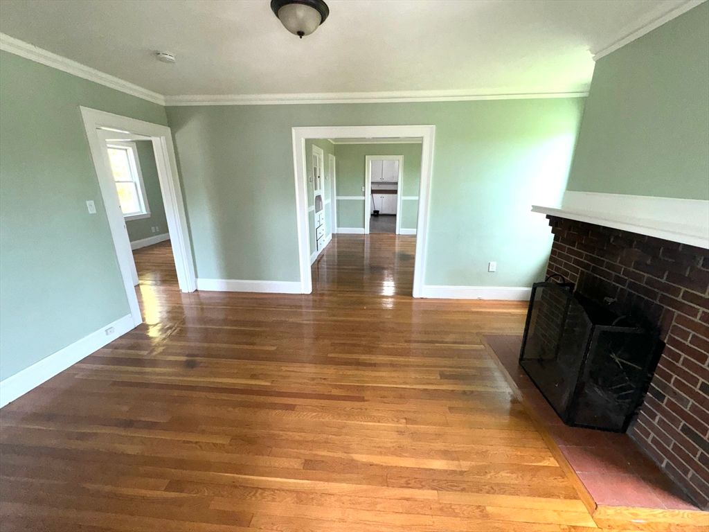 Empty room, Fireplace, Interior, Stone Walls, Wood Texture Flooring