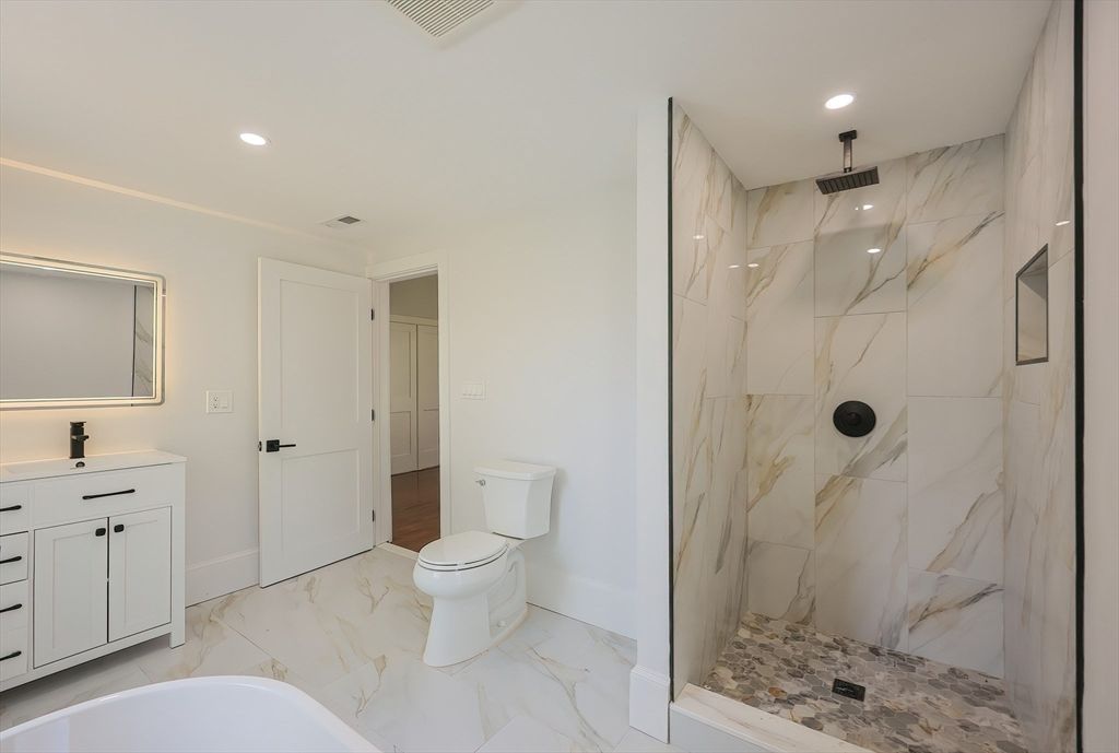 Bathroom, Glass Shower, Interior, Marble, Marble Walls, Recessed Lighting