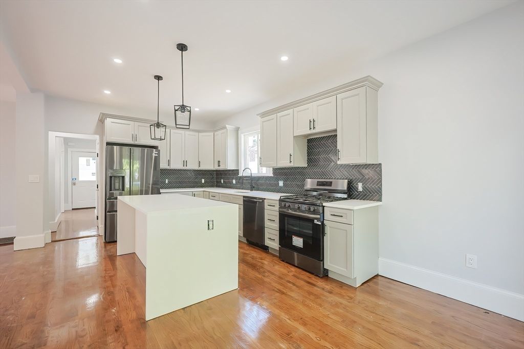 Interior, Kitchen, Pendant Lights, Recessed Lighting, Stainless Steel Appliances, Wood Texture Flooring