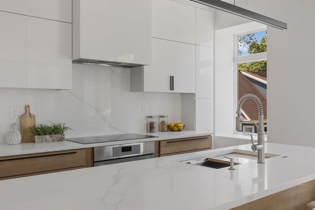 Interior, Kitchen, Marble Walls, Stainless Steel Appliances, Wood Texture Flooring