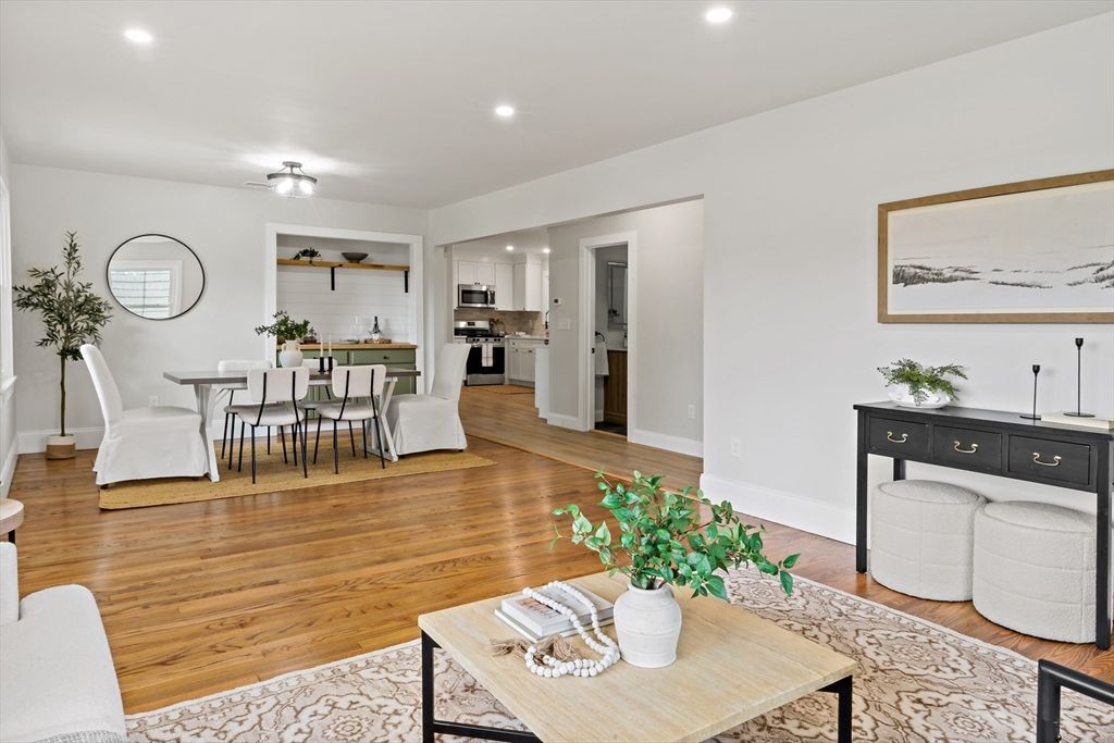Dining room, Interior, Kitchen, Living room, Recessed Lighting, Stainless Steel Appliances, Wood Texture Flooring