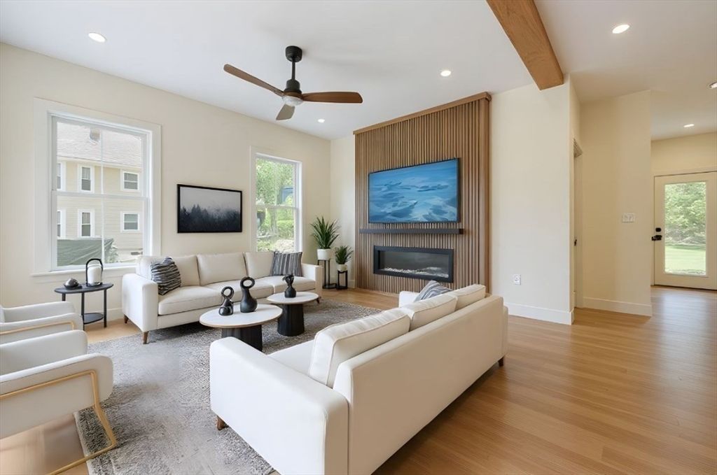 Fireplace, Interior, Living room, Recessed Lighting, Wooden Beams, Wood Texture Flooring