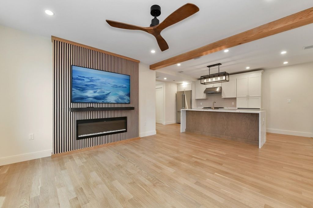 Fireplace, Interior, Kitchen, Pendant Lights, Recessed Lighting, Wooden Beams, Wood Texture Flooring