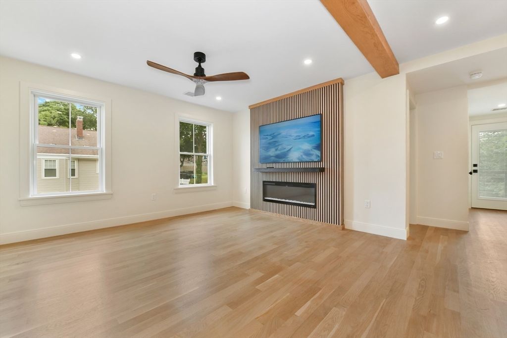 Empty room, Fireplace, Interior, Recessed Lighting, Wooden Beams, Wood Texture Flooring