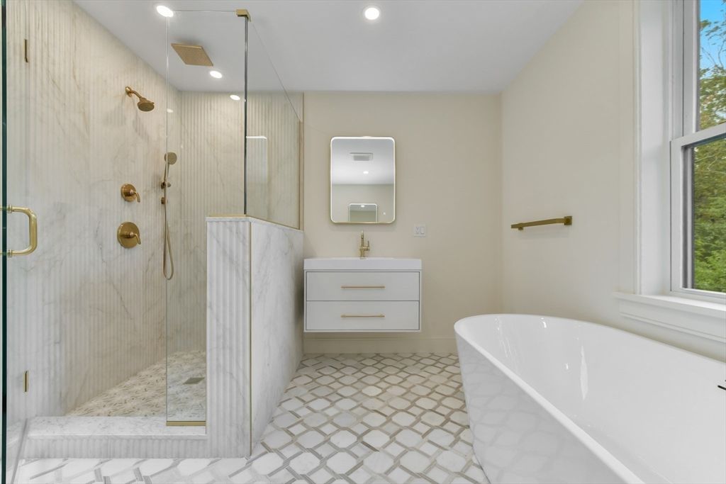 Bathroom, Free Standing Baths, Glass Shower, Interior, Recessed Lighting