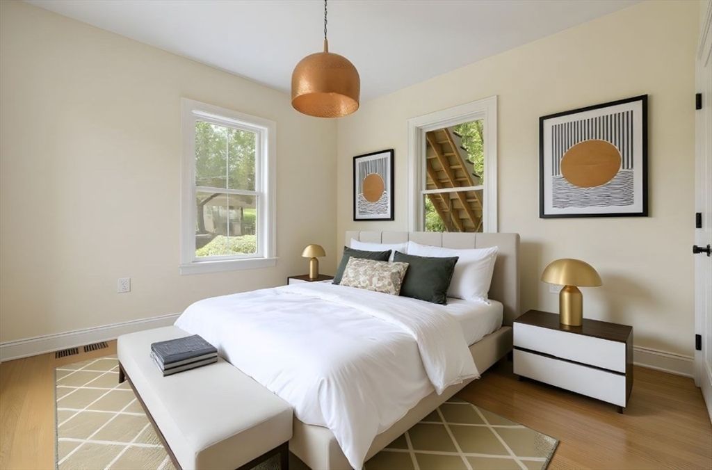 Bedroom, Interior, Pendant Lights, Wood Texture Flooring