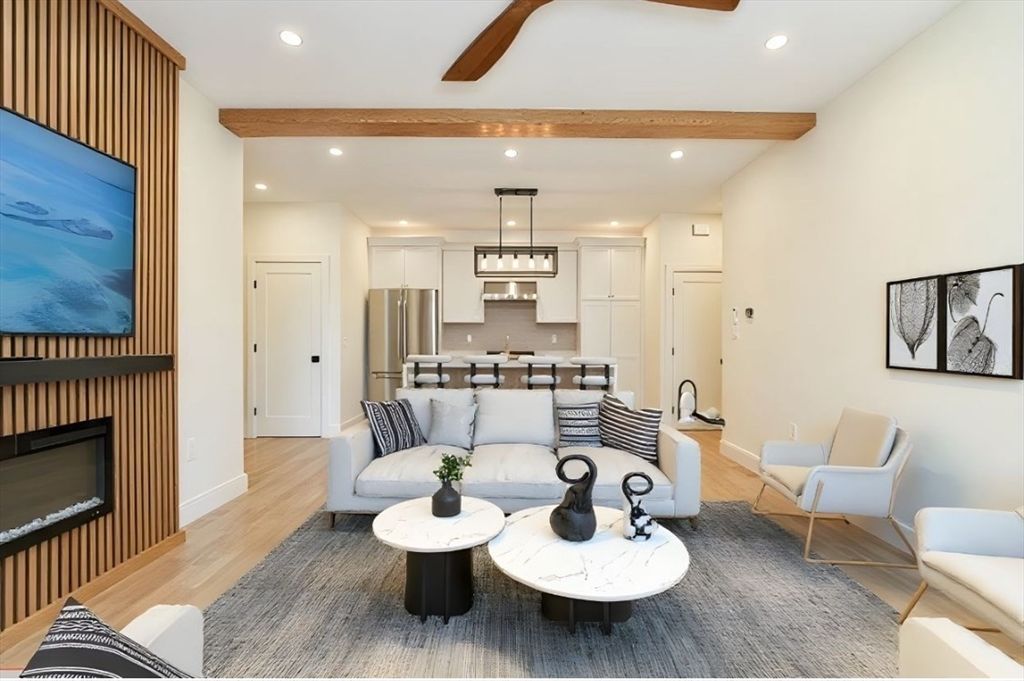 Fireplace, Interior, Kitchen, Living room, Pendant Lights, Recessed Lighting, Stainless Steel Appliances, Wooden Beams, Wood Texture Flooring