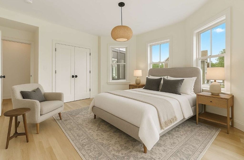 Bedroom, Interior, Pendant Lights, Wood Texture Flooring