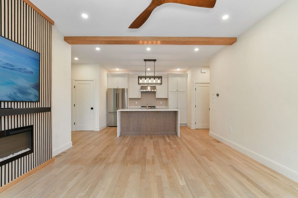 Interior, Kitchen, Pendant Lights, Recessed Lighting, Stainless Steel Appliances, Wooden Beams, Wood Texture Flooring