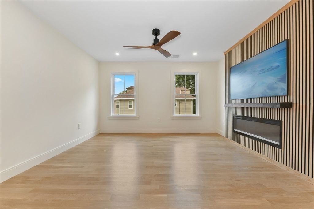 Empty room, Fireplace, Interior, Recessed Lighting, Wood Texture Flooring