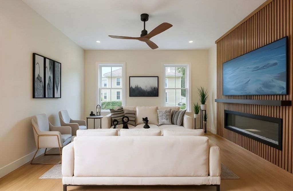 Fireplace, Interior, Living room, Recessed Lighting, Wood Texture Flooring