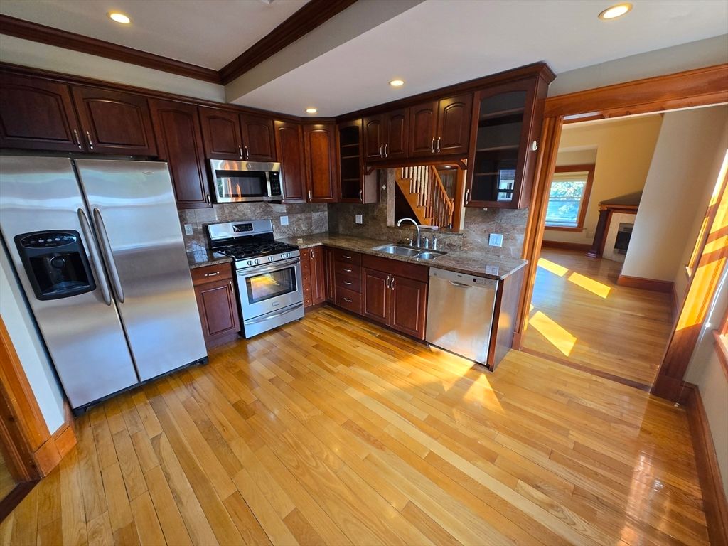 Interior, Kitchen, Recessed Lighting, Stainless Steel Appliances, Wood Texture Flooring