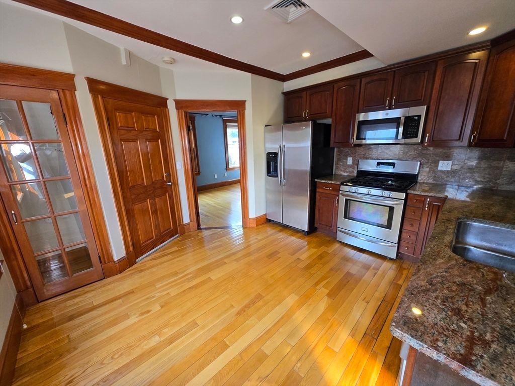 Interior, Kitchen, Recessed Lighting, Stainless Steel Appliances, Wood Texture Flooring