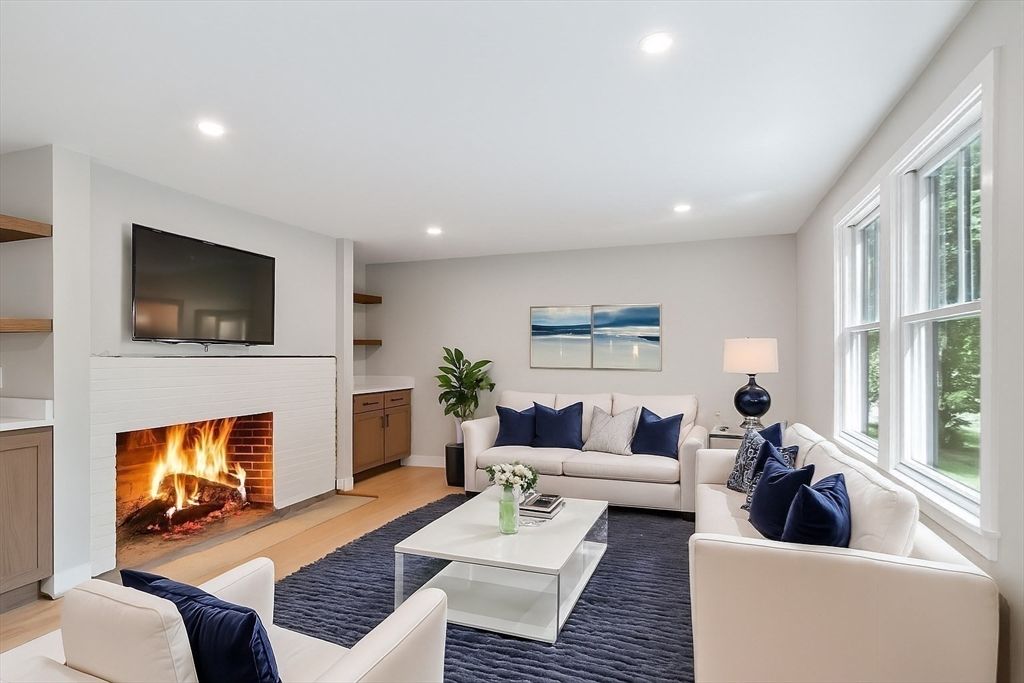 Fireplace, Interior, Living room, Recessed Lighting, Wood Texture Flooring