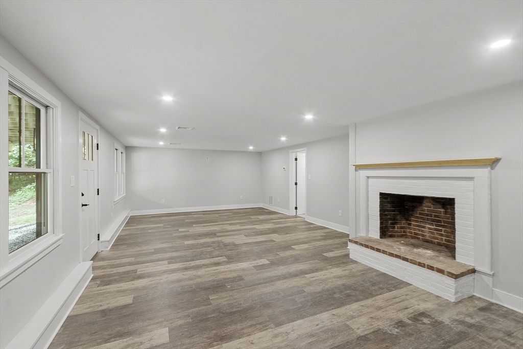 Empty room, Fireplace, Interior, Recessed Lighting, Wood Texture Flooring