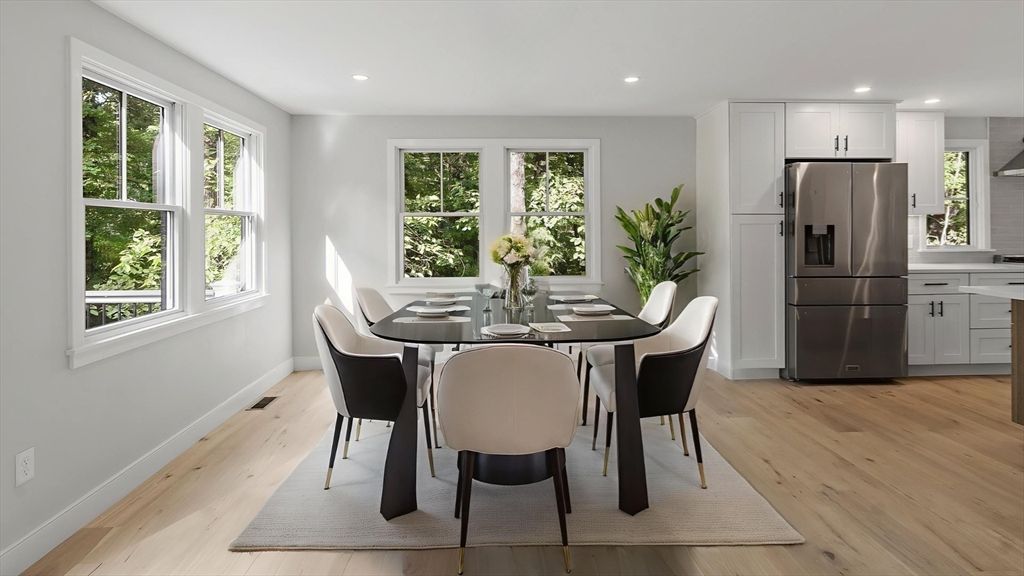 Dining room, Interior, Kitchen, Recessed Lighting, Stainless Steel Appliances, Wood Texture Flooring