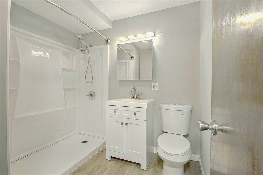 Bathroom, Glass Shower, Interior, Wood Texture Flooring