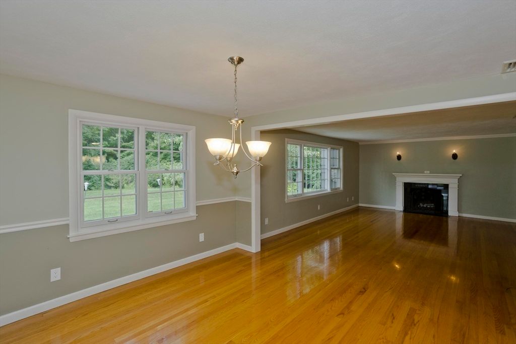 Empty room, Fireplace, Interior, Pendant Lights, Wood Texture Flooring