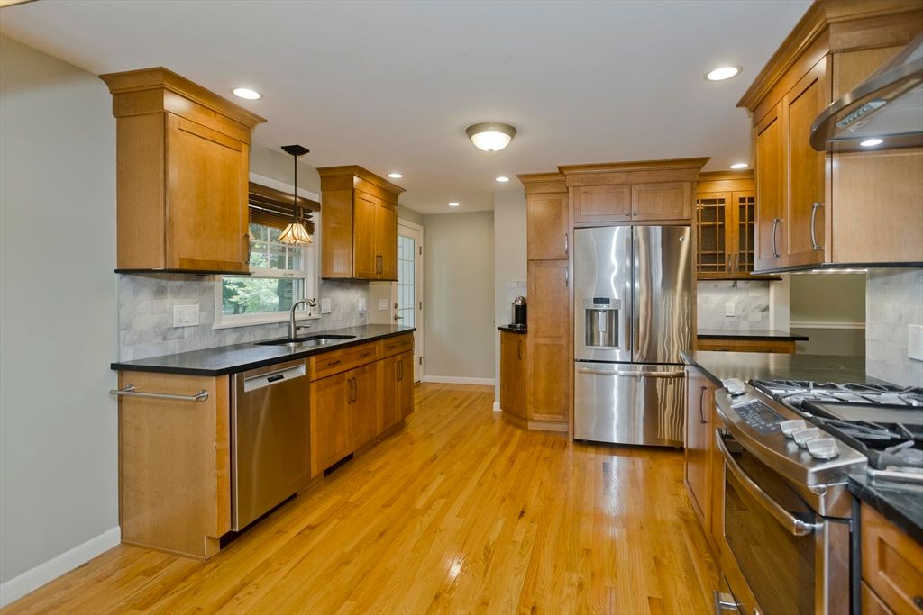 Interior, Kitchen, Pendant Lights, Recessed Lighting, Stainless Steel Appliances, Wood Texture Flooring