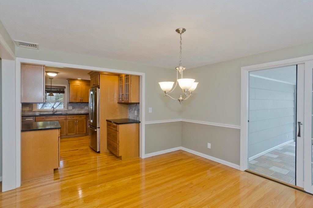 Chandelier, Interior, Kitchen, Pendant Lights, Stainless Steel Appliances, Wood Texture Flooring