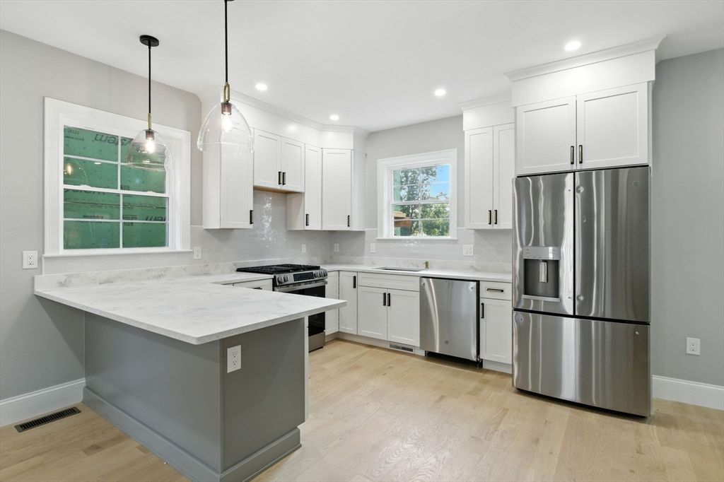 Interior, Kitchen, Pendant Lights, Recessed Lighting, Stainless Steel Appliances, Wood Texture Flooring