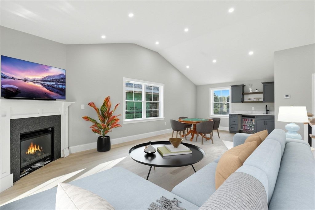 Dining room, Fireplace, Interior, Kitchen, Living room, Recessed Lighting, Wood Texture Flooring