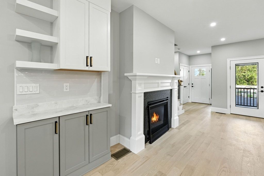 Fireplace, Interior, Recessed Lighting, Wood Texture Flooring