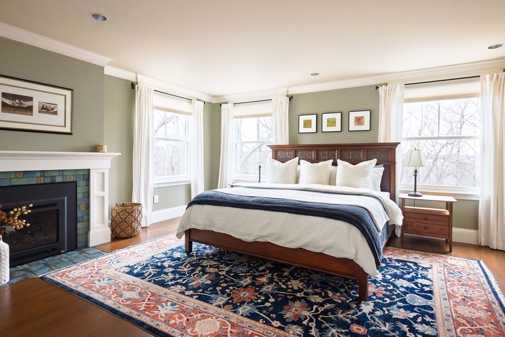 Bedroom, Fireplace, Interior, Recessed Lighting, Wood Texture Flooring