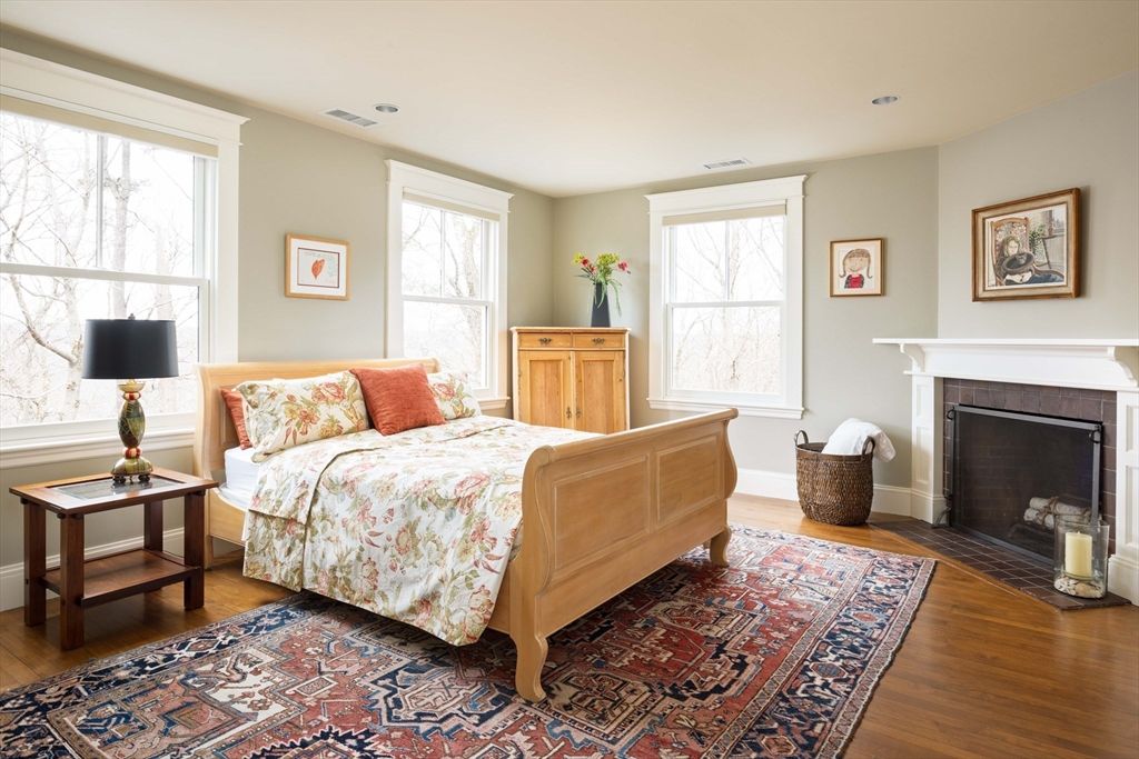 Bedroom, Fireplace, Interior, Recessed Lighting, Wood Texture Flooring