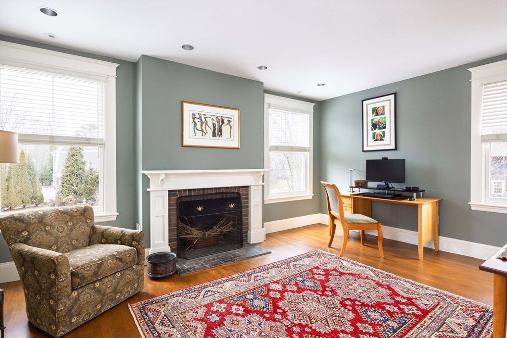Fireplace, Home Office, Interior, Recessed Lighting, Wood Texture Flooring