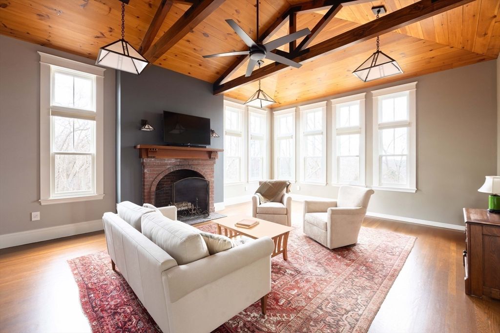 Fireplace, Interior, Living room, Pendant Lights, Wooden Beams, Wooden Ceilings, Wood Texture Flooring
