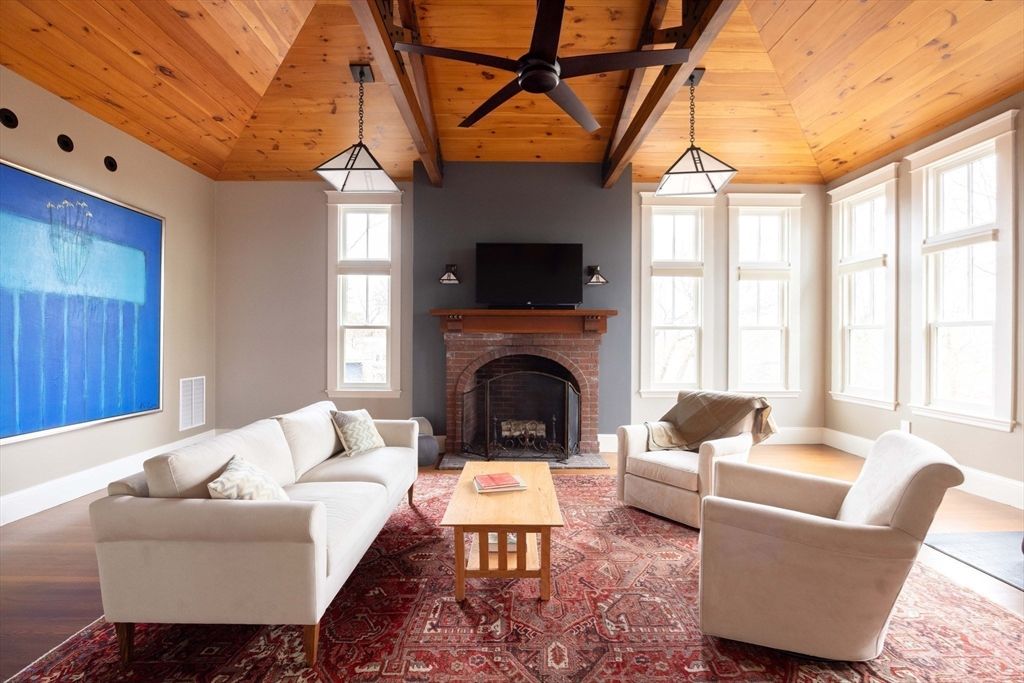 Fireplace, Interior, Living room, Pendant Lights, Recessed Lighting, Wooden Ceilings, Wood Texture Flooring