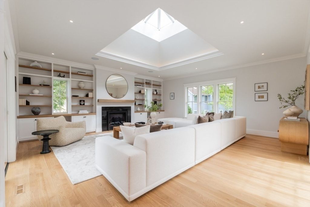 Fireplace, Interior, Living room, Recessed Lighting, Wood Texture Flooring