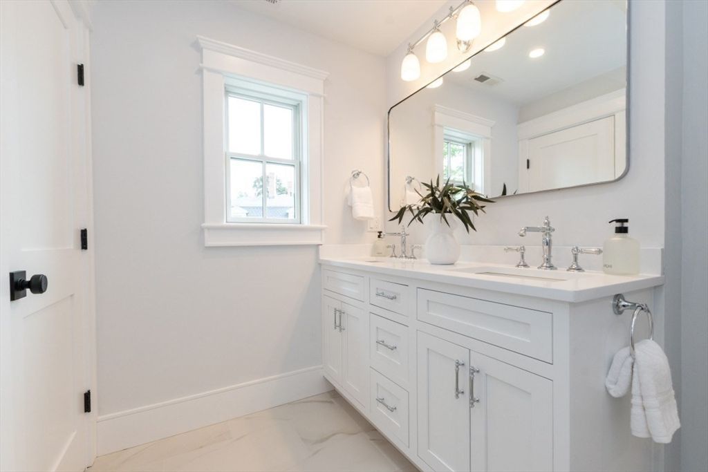 Bathroom, Dual Sink Vanities, Interior, Marble, Recessed Lighting