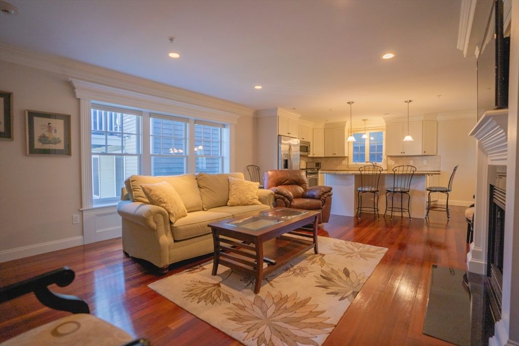 Fireplace, Interior, Kitchen, Living room, Pendant Lights, Recessed Lighting, Wood Texture Flooring