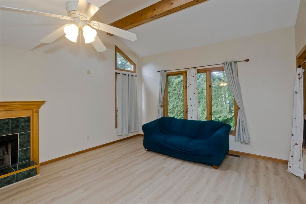 Empty room, Fireplace, Interior, Wooden Beams, Wood Texture Flooring