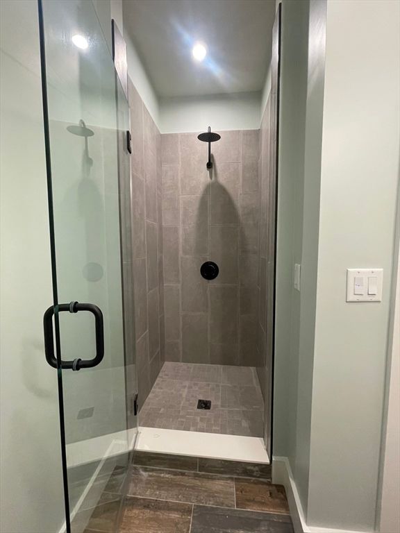 Bathroom, Glass Shower, Interior, Recessed Lighting, Wood Texture Flooring