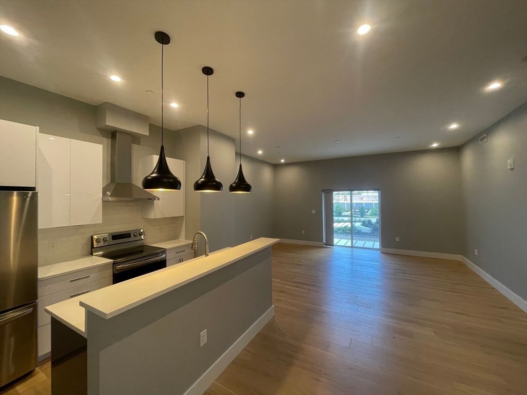Interior, Kitchen, Pendant Lights, Recessed Lighting, Stainless Steel Appliances, Wood Texture Flooring