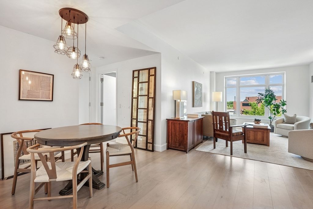 Dining room, Interior, Living room, Pendant Lights, Wood Texture Flooring