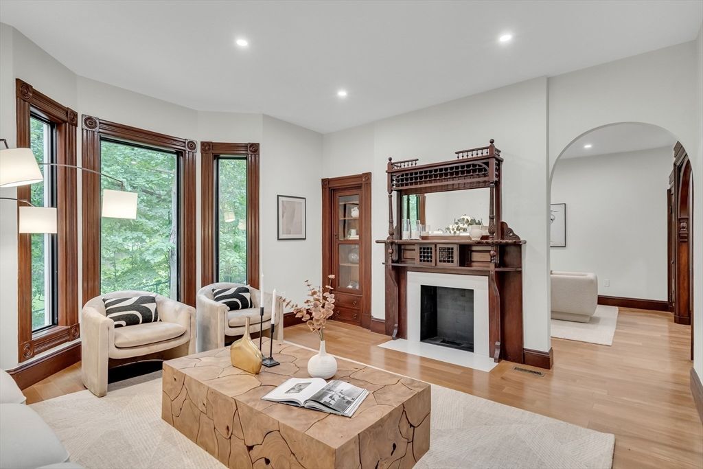 Fireplace, Interior, Living room, Recessed Lighting, Wood Texture Flooring