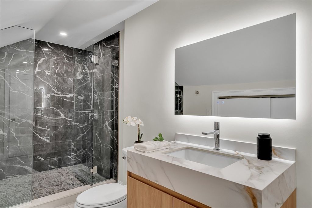 Bathroom, Glass Shower, Interior, Marble Walls, Recessed Lighting