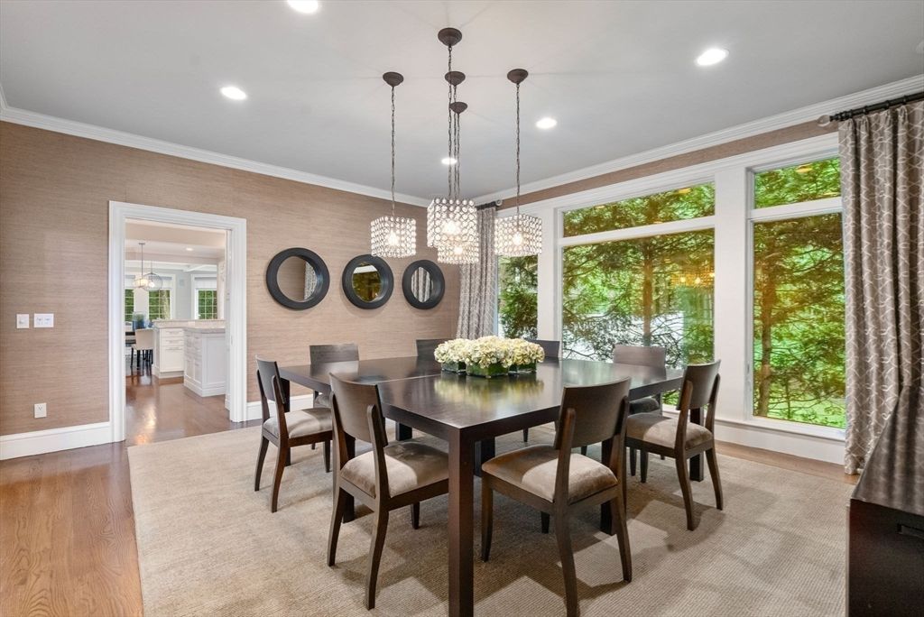 Chandelier, Dining room, Interior, Pendant Lights, Recessed Lighting, Wood Texture Flooring