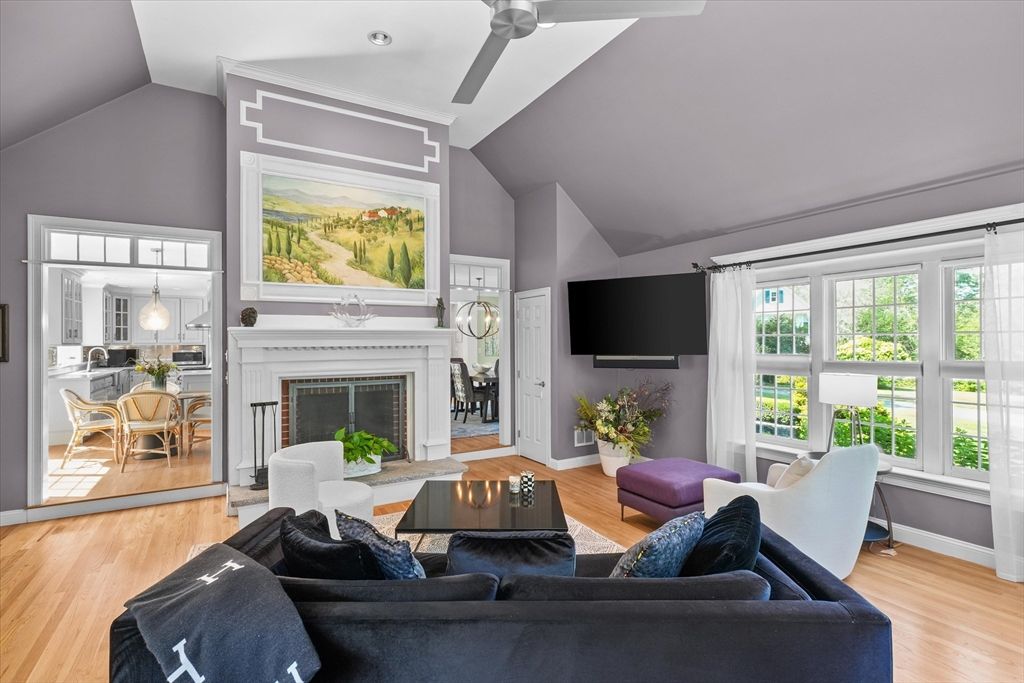 Dining room, Fireplace, Interior, Living room, Recessed Lighting, Wood Texture Flooring