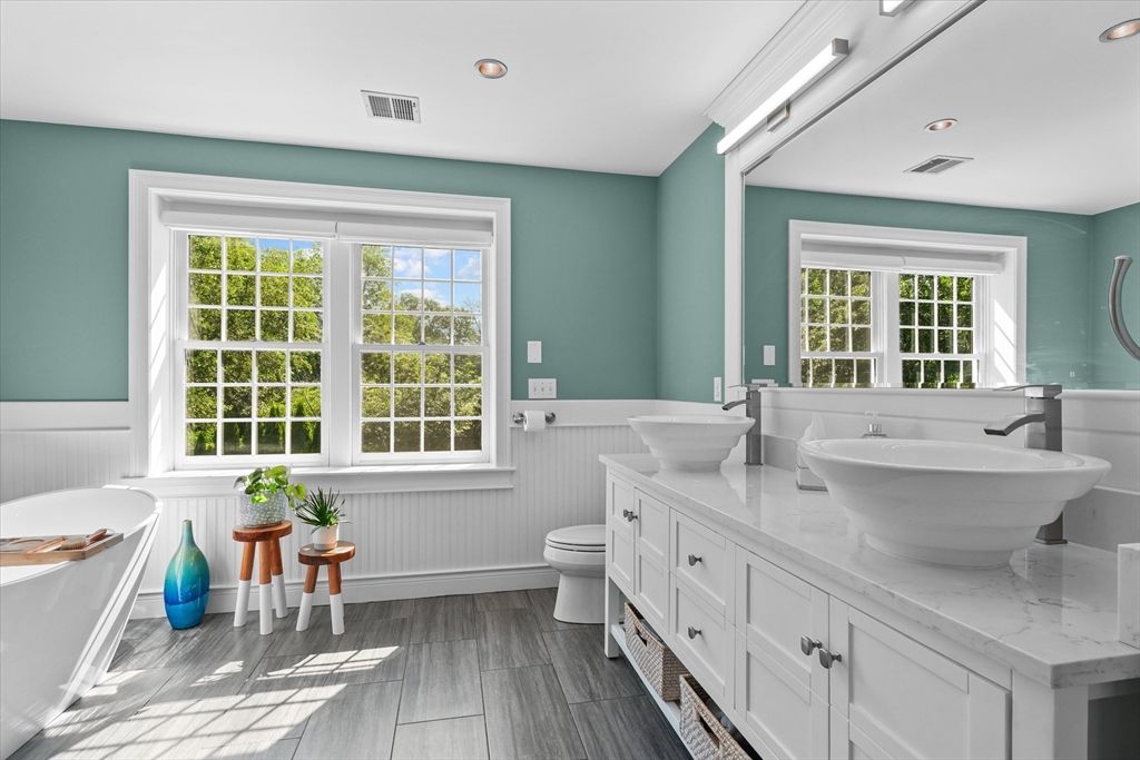 Bathroom, Dual Sink Vanities, Interior, Recessed Lighting, Wood Texture Flooring